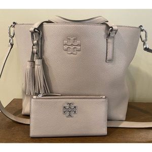 Tory Burch Thea Convertible Tote with Matching Envelope Wallet, in French Gray